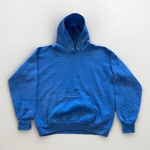 Vintage Fruit of the Loom Hoodie Mens L Blue Blank Pullover 90s Sweatshirt